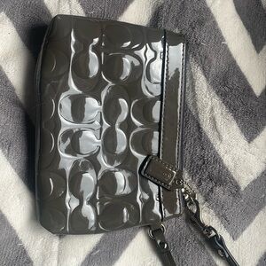 Coach F58034 Signature Gray Debossed Patent Leather Zip Wristlet